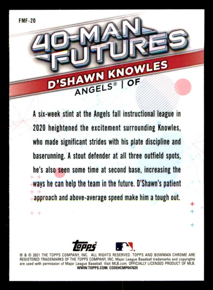 2021 Bowman Chrome 40-Man Futures Refractors #FMF20 D'Shawn Knowles (ref 234004) - Image 2 of 2