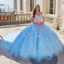 Sky Blue Shiny Quinceanera Dresses Ball Gown Lace Applique Tull Mexico Sweet 16