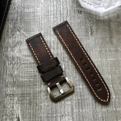 Marron Bracelet Montre Cuir Grainé Pour Panerai Lumineux Radiomir Pam 22m 24mm - Photo 1/4