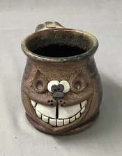 Studio Art Pottery Face Mug Cheshire Cat Grin Signed Brown