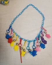 VTG NEW  1980's Plastic BLUE  Chain Charm Necklace with 12 Clip On Bell Charms