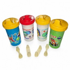 Vtg Playtex Trainer Sippy Cup Lot 4 Cups 6oz Kittens Fish Construction 1997 2004