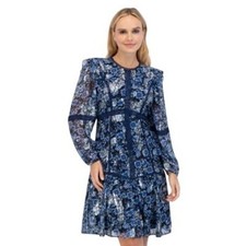 Eliza J Navy Blue Floral Metallic Mini Dress Long Sleeve Lace Trim Womens 2