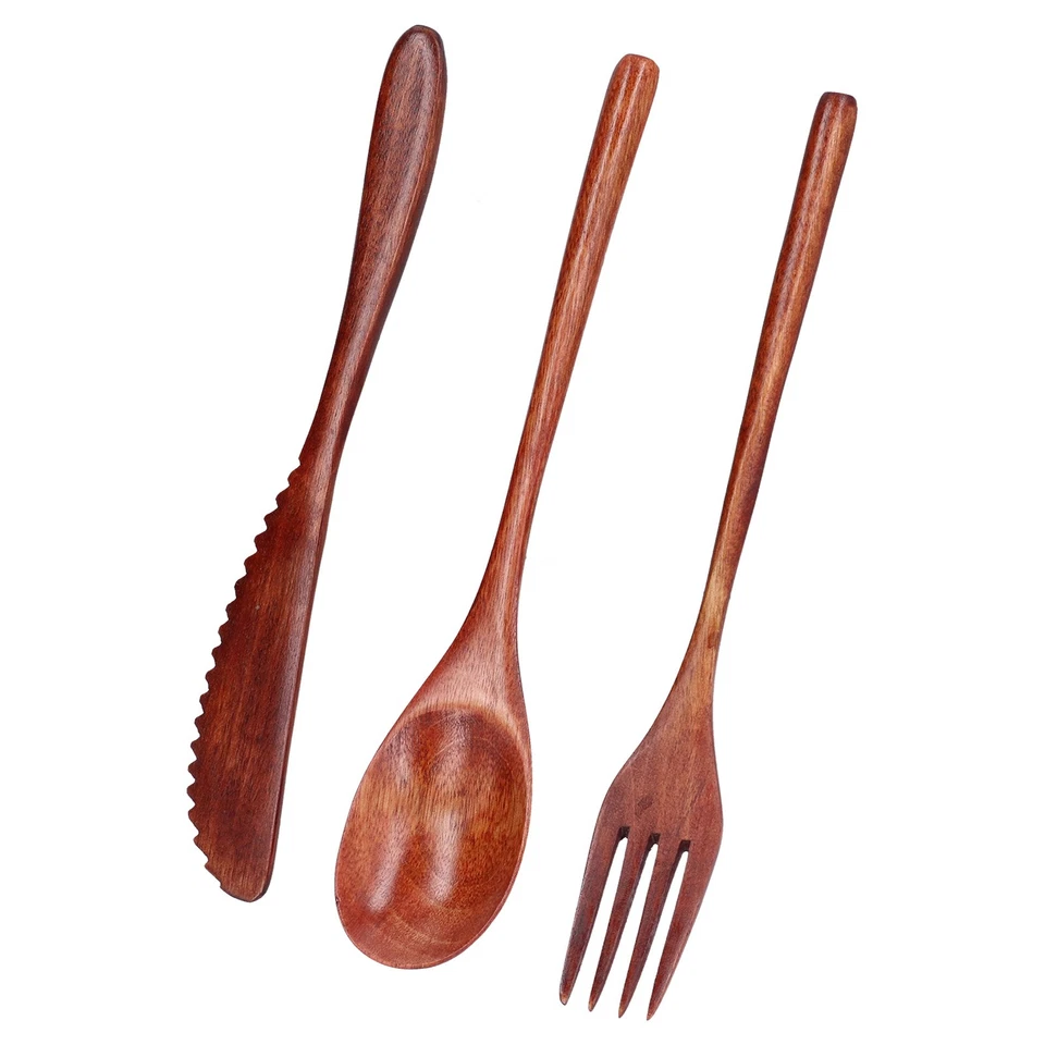 3Pcs Knife Fork And Spoon Wooden Cutlery Dessert Tableware For Home Hotel - Image 2 of 4