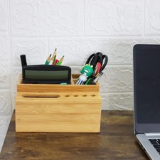 Bamboo Pen Holder Desk Organizer 4 Compartments 5 Slots Office Storage Box USNew