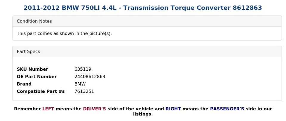 BMW 750LI 2011-2012 4,4 L - Convertidor de par de transmisión 8612863 Foto 3 de 4