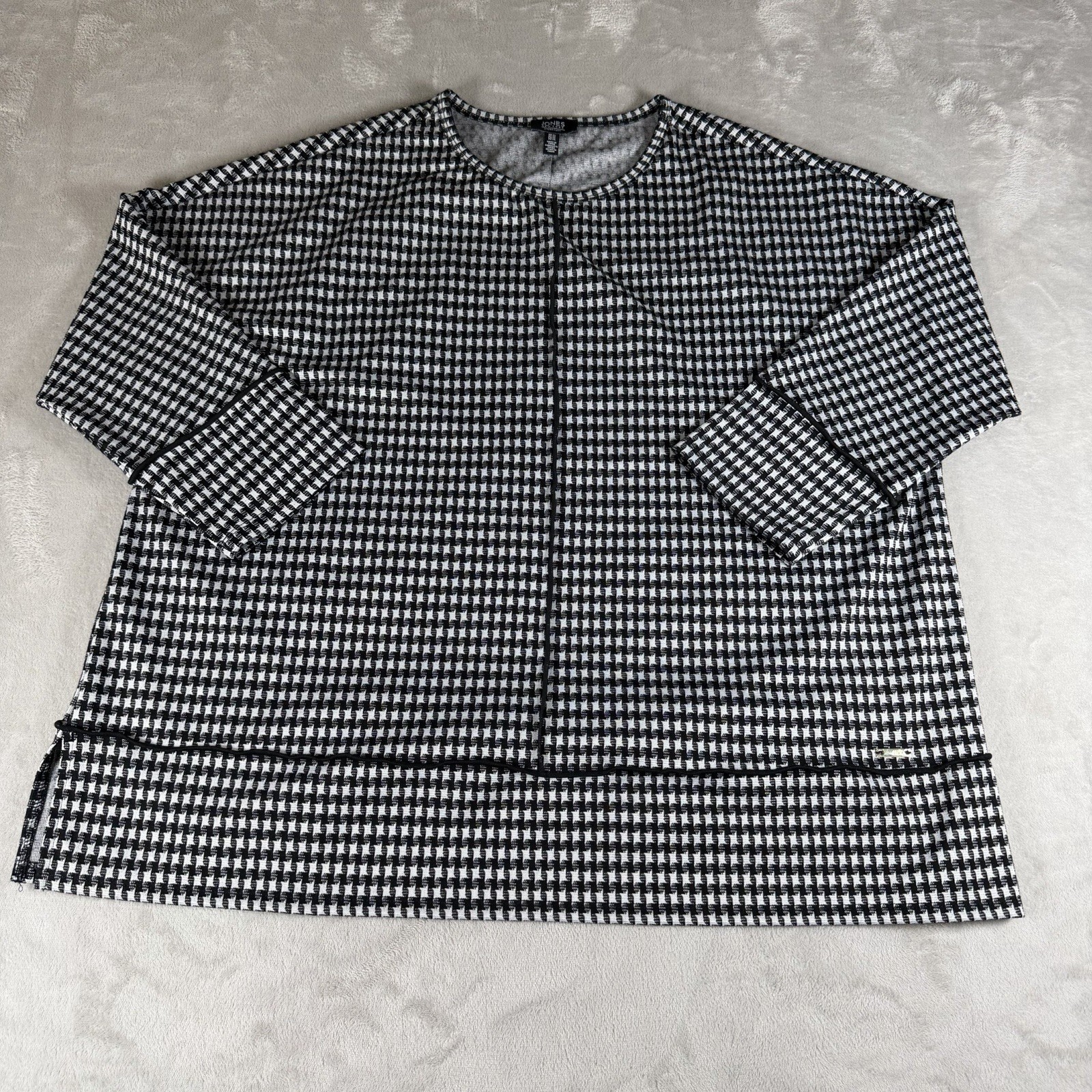 Jones New York Signature Houndstooth Knit Top XL Black White 3/4 Sleeve Office