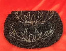 Vintage Art Nouveau Black Beaded Finger Purse Evening Clutch Handbag