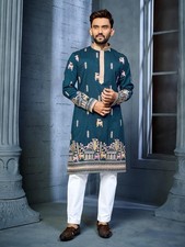 Men  s Navy Blue Embroidered Kurta Traditional Indian Festive Wedding Wear