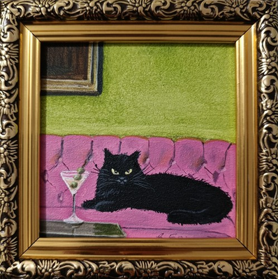 #ad ORIGINAL Oil Painting Black cat Animals Pet Contemporary Wall art Miniature $42.00