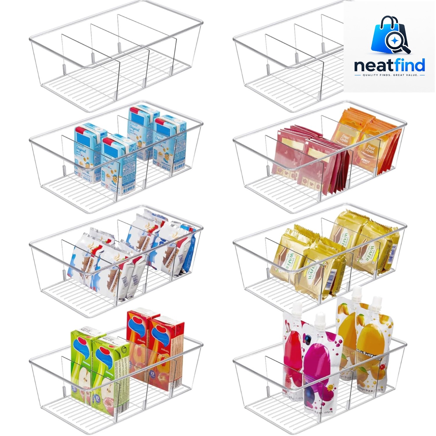 8 Pack Food Storage Organizer Bins, Clear Plastic, 4 Compartments | For Pantr...