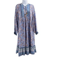 Umgee Blue Paisley Long Sleeve Midi Dress Tassel Tie Boho Babydoll Small K6340
