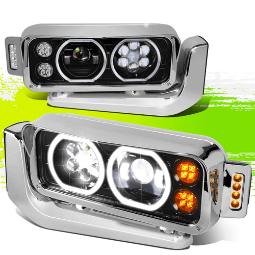 LED DRL Halo Ring Projector Headlights for Peterbilt 359 379 389 81-21 Black L+R - Picture 1 of 12