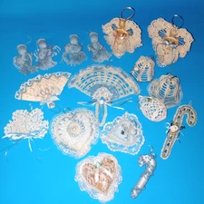 Lot Of 17 Crocheted Christmas Ornaments Blue Angels Fans Canes Bells Hearts