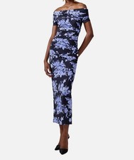 Carolina Herrera Women's Blue Floral Off-Shoulder Gathered Dress Size L