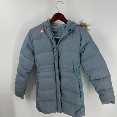 Eddie Bauer Faux Fur Trim Hood Full Zip Snap Down Parka Jacket Slate Blue Size M