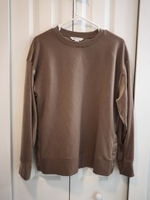 Athleta Womens Brown Solid Crewneck Pullover Sweatshirt Button Sleeve Pockets M