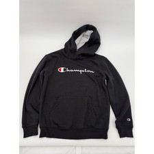 Champion Hoodie Youth Medium 10-12 Gray Script Logo Pullover Fleece Sweatshirt