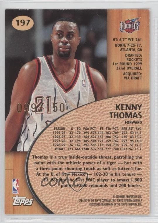 Selección del draft de la NBA Topps Stadium Club 1999 única en su clase/150 Kenny Thomas novato radiocontrol Foto 2 de 2