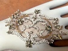 applique glass beads sequins hand sewn 3.25x5.25" cream gold 1pc