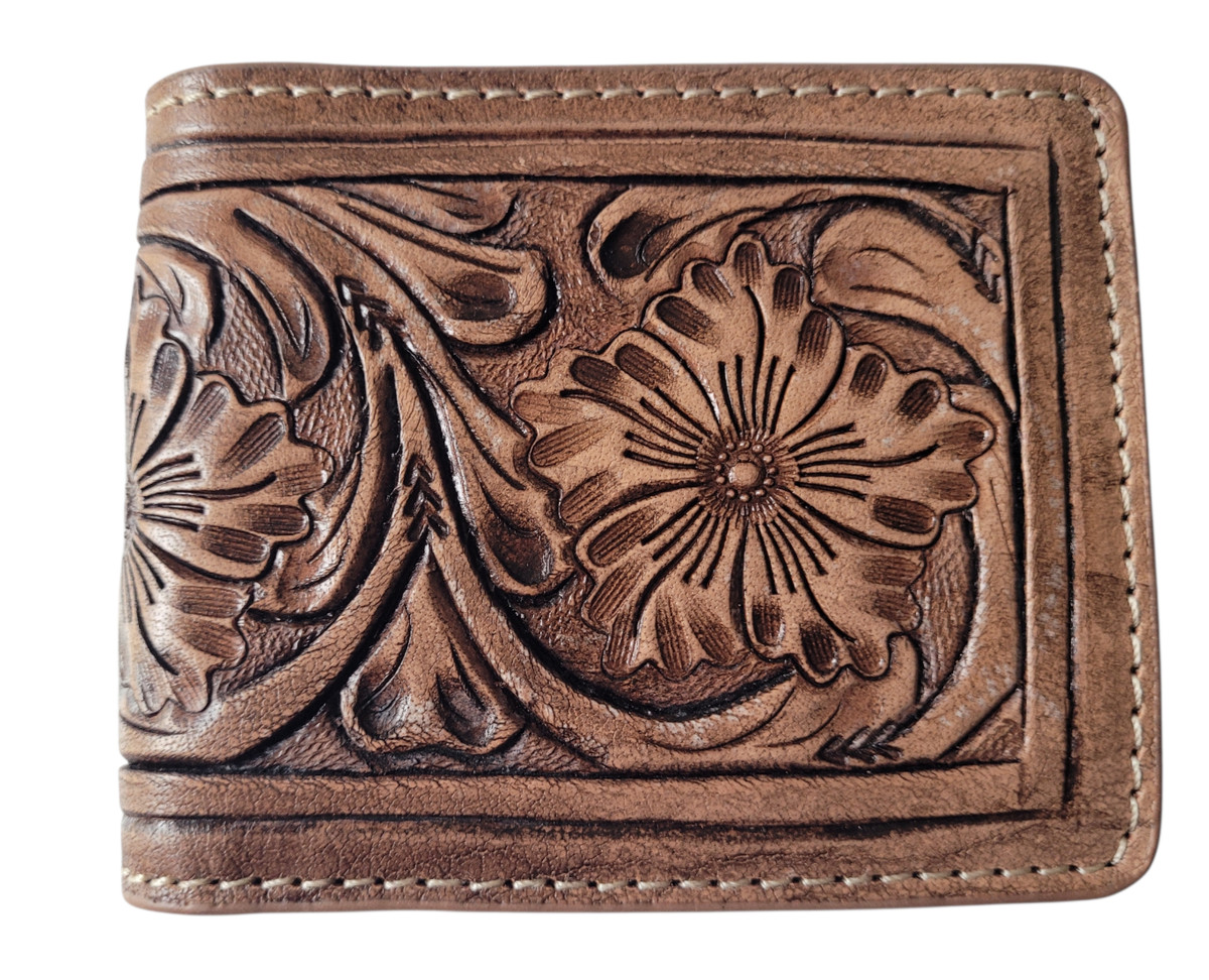 Hand Tooled Genuine Leather Bifold Wallet - Leather RFID Men Wallet Flower View 2