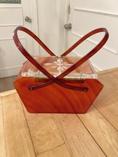 VTG 50s Lucite Box Purse Tortoise Swirl Floral Etched Lid Handbag Dual Handles