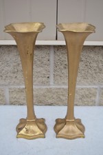+ Older Pair of Brass Hand Made Church Flower Vases + 15 1/4" ht. + (CU#105)
