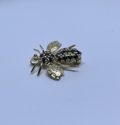 Sapphire Bee Brooch Pin 14K Gold Insect Honeybee Nature Gift