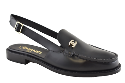 Chanel 25P Black Leather CC Crystal Logo Coco Sling Slingback