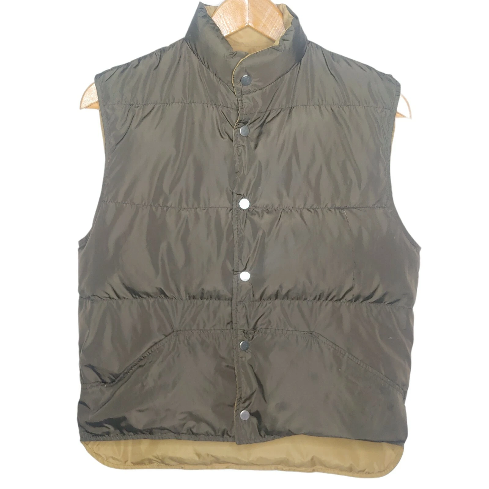Vintage JC Penney Hunting Mens M Down Puffer Vest Reversible Tan Olive Retro