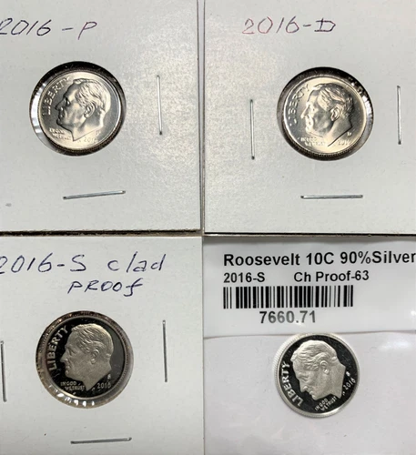 2016 Roosevelt Dime Lot 4 Coins. Mint P &D Unc. Mint S proof & S silver proof