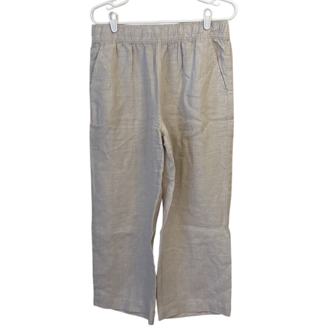 Tahari Linen Wide Leg Cropped Pants High Rise Elastic Waist Beige Size Medium
