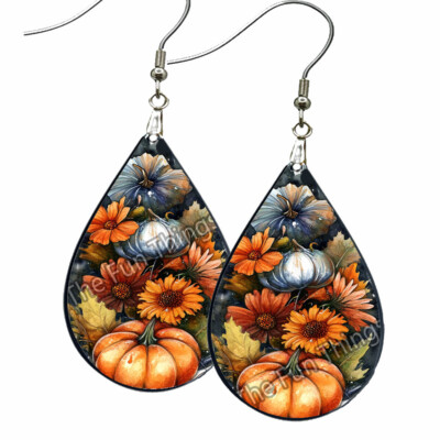 Thanksgiving Pumpkins Sunflowers Autumn Earrings NO TARNISHING Wood Teardrop