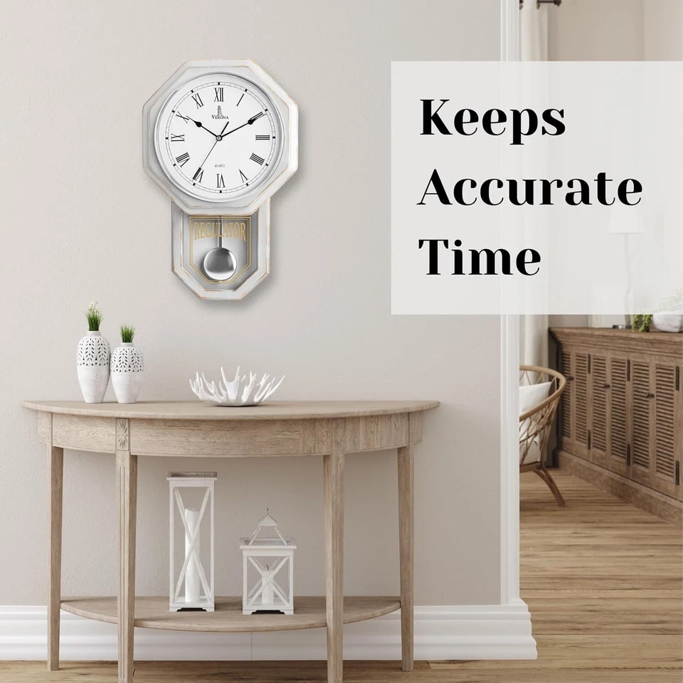 Rustic White Pendulum Wall Clock - Silent Battery Operated Farmhouse Style - Image 4 of 4