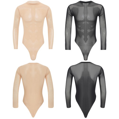 Mens Leotard Catsuit Bodysuit Lingerie Jumpsuit Long Sleeve Swimwear Sheer Mesh - Afbeelding 1 van 27