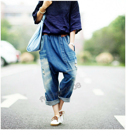 Pantaloni jeans donna denim vintage patchwork goccia cavallo harem pantaloni HI-POP - Foto 4 di 4