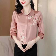 Camicia Maglia Blusa Donna Camicetta Maniche Lunghe Seta Fiori Raso 4 49748