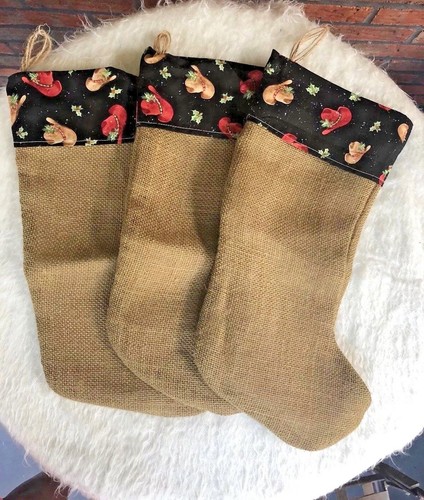 3 Christmas Stockings Cowboy Cowgirl Brown Burlap Lined Country Rodeo New Unused - Picture 1 of 11