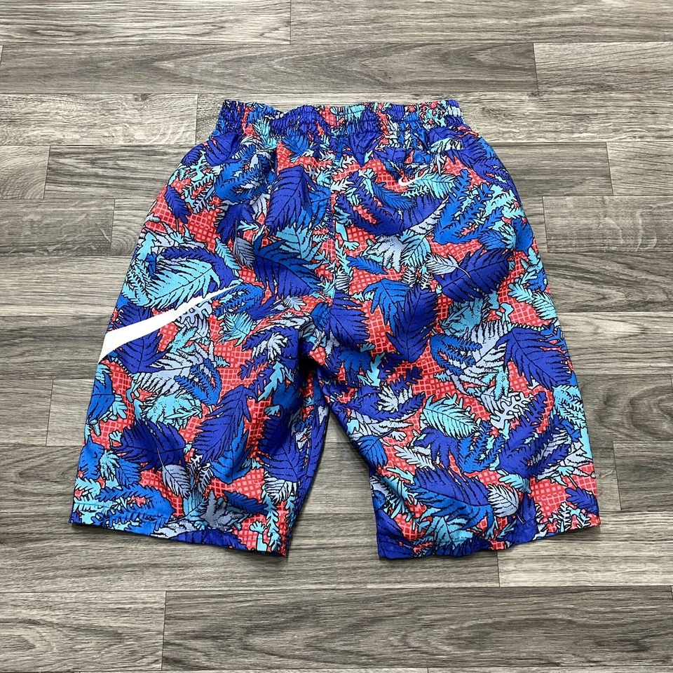 Nike Graphic Logo Stretch Waist Blue/Red Leaves Print Board Shorts Boy's Size L - Image 3 of 4