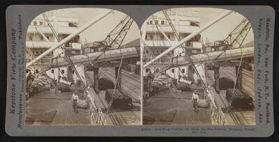 Loading coffee on ship by machinery, Santos, Brazil, So Am Old Photo