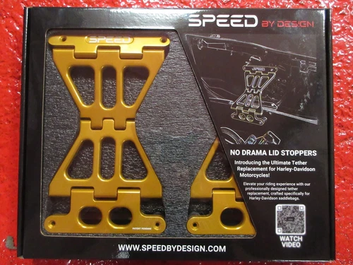 14+ H-D TOURING SPEED BY DESIGN NO DRAMA LID STOPPERS TETHERS PAIR GOLD ANODIZED