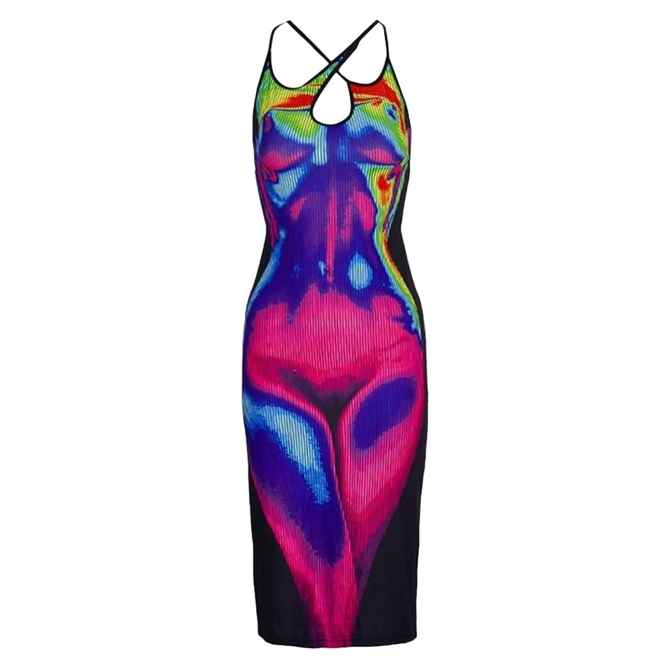 TRAJE DE CLUBBING Y2K Vestido sin mangas Tie Dye Bodycon Vestidos sin mangas, Pequeño D3 Foto 2 de 4