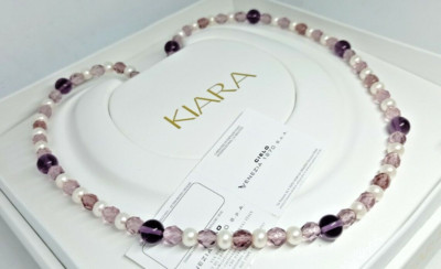 DAMEN HALSKETTE PERLEN UND KRISTALLE AMETHYST KIARA HIMMEL VENEDIG, 925 SILBER, 60cm