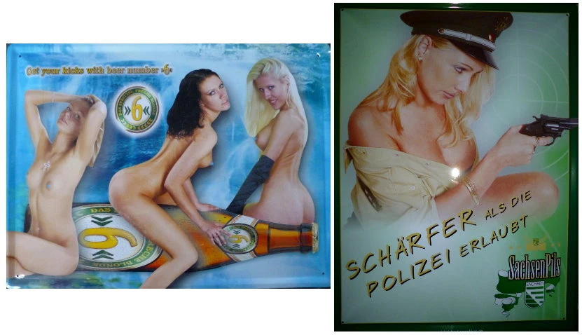 VIELESGUENSTIG BY ROBBY WANKA 2 Erotik-Blechschilder 30 cm x 40 cm Frau Erotik Busen nackt Bier Polizei
