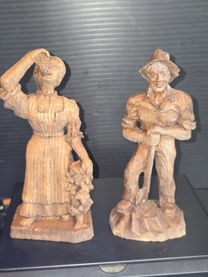 Vintage SIC Wood Hand Carved Statue Woman/Grapes Man/Farmer France 7in.