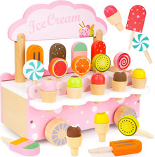 Wooden Play Toys for Toddler Girls 3-5 - Ice Cream Truck Cart Pretend Toys