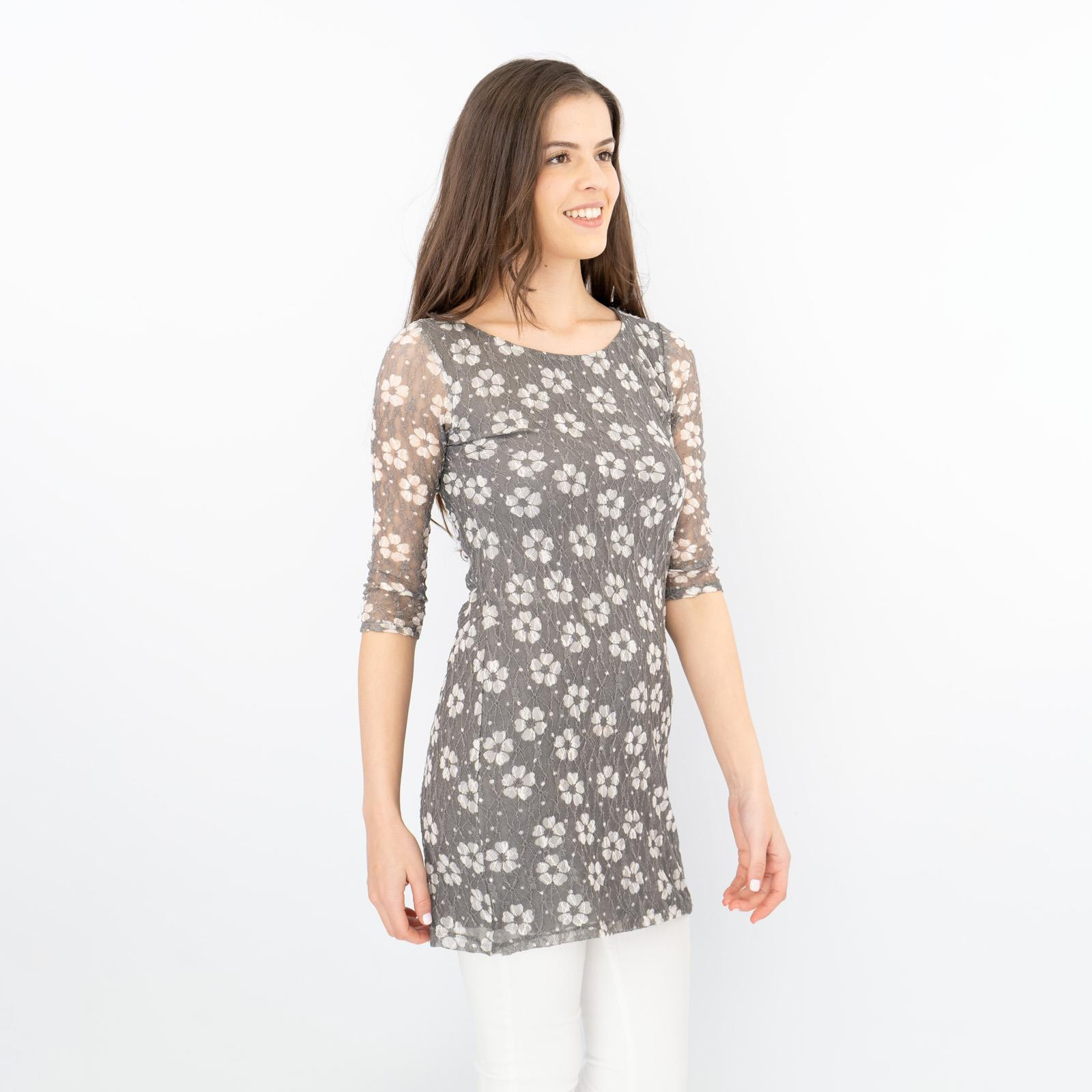Phase Eight Womens Tunic Grey Longline Floral  3/4 Sleeve Top RRP £69 Size 12