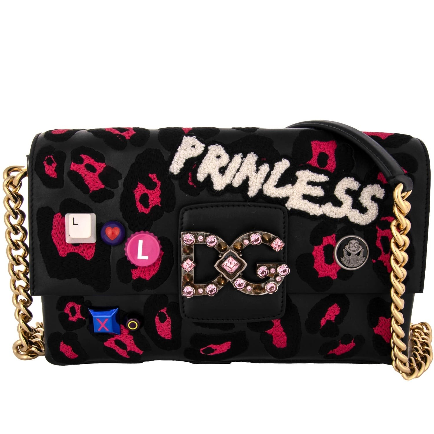 DOLCE & GABBANA DG Crystal Logo Leopard Leather Chain Bag MILLENIALS Black Pink