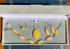 Vintage 925 Sliver Butterscotch Amber Jewellery Set Ring Necklace Bracelet Boxed