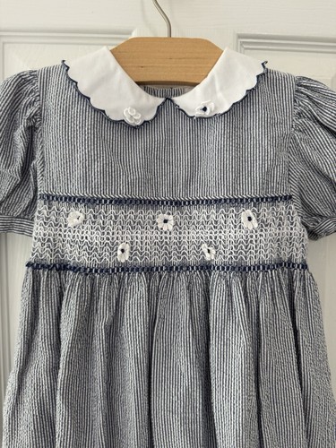 b.t.kids Dress 4T Blue White Striped Seersucker Embroidered Flowers Nautical VTG